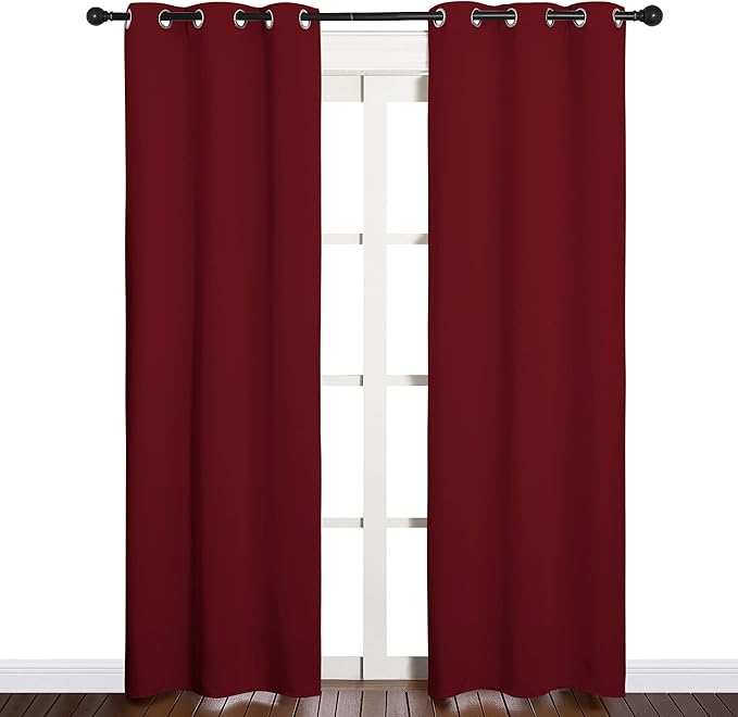 NICETOWN Christmas Burgundy Bedroom Curtains Blackout Draperies, Christmas Decorations Thermal Insulated Solid Grommet Top Blackout Drapes for Cafe (One Pair, 34 x 84-inch)