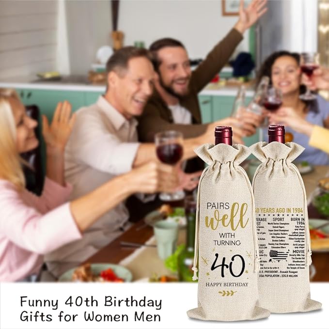 YAANUNULU 40th Birthday Gifts for Women Men, 40 Years Old Birthday Wine Bag Gifts, 40th Birthday Decorations, 1984 Birthday Gift, Happy 40th Birthday Party Wine Bag Gifts, Pairs Well With Turning 40