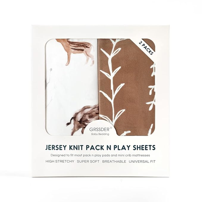 Pack n Play Sheets Fitted 2 Pack, Stretchy Ultra Soft Jersey Knit Pack and Play Sheets, Universal Fitted Portable/Mini Crib Mattresses Snug and Safe, Stylish Pattern of Jungle Animals