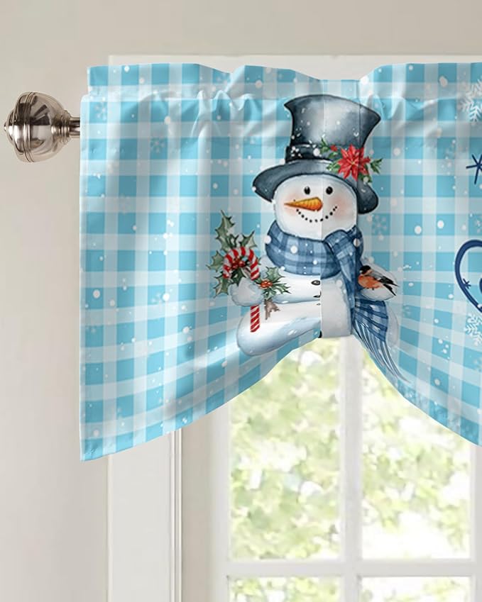 Snowman Christmas Blackout Tie Up Valance Curtains for Kitchen Windows Let It Snow Winter Holiday Window Toppers Balloon Shades for Living Room/Bath/Bedroom,1 Panel, 60" X 18",Blue White Buffalo Plaid