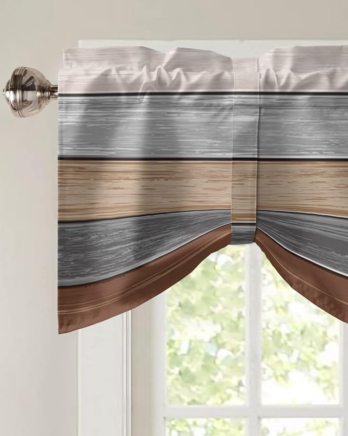 Farmhouse Fall Blackout Tie Up Valance Curtains for Kitchen Windows, Brown Grey Window Toppers Balloon Shades for Living Room/Bathroom/Bedroom,1 Panel,60" X 18" Retro Rustic Barn Wood Texture