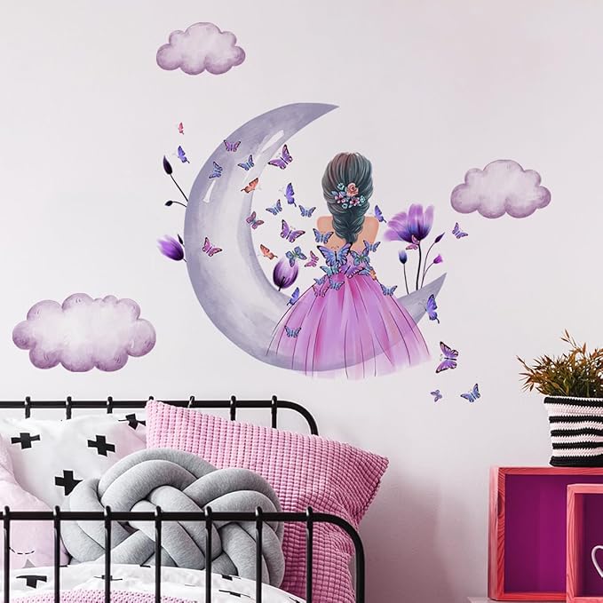 Fairy Girl Wall Sticker Moon Butterfly Fairy Girl Wall Decals Removable Wall Decals Waterproof Wall Mural for Kids Nursery Bedroom