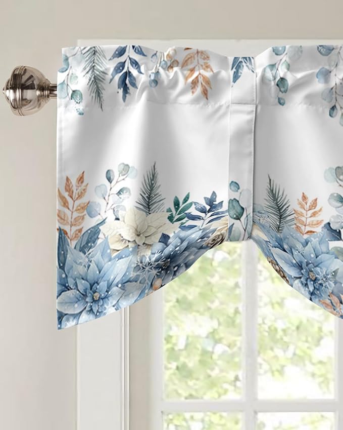 Blue Christmas Poinsettia Blackout Tie Up Valance Curtains for Kitchen Windows Winter Eucalyptus Leaves Window Toppers Balloon Shades for Living Room/Bathroom/Bedroom,1 Panel, 60" X 18",