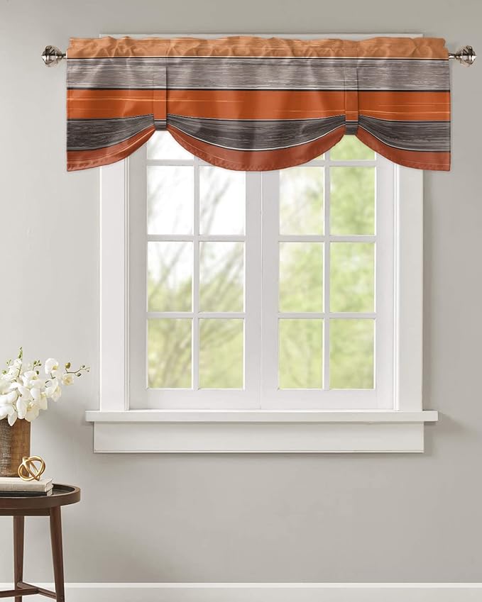 Farmhouse Thanksgiving Fall Blackout Tie Up Valance Curtains for Kitchen Windows Burnt Orange Gray Window Toppers Balloon Shades for Living Room/Bathroom/Bedroom,1 Panel,54" X 18" Rustic Wood Texture