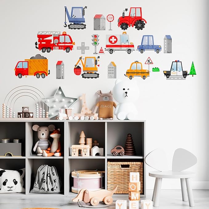 Car Wall Decals for Kids by Lipastick - Transports Wall Stickers Peel and Stick Truck Stickers - Wall Decals for Boys Kids Baby Room - Construction Cars City Wall Decor Removable S Size