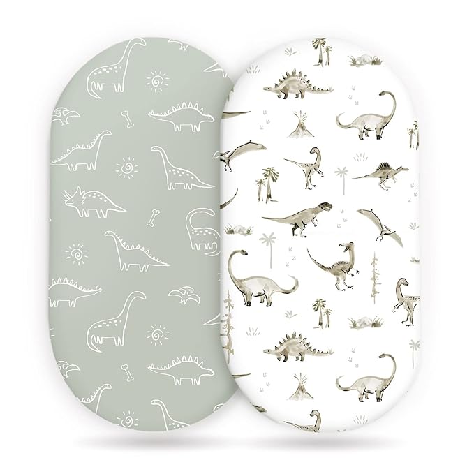 Stretch Ultra Soft Fitted Bassinet Sheet Set 2 Pack, Universal Fit for Bassinets Baby Cradle Moses Basket Oval Rectangle Mattress Safe and Snug, Dinosaur