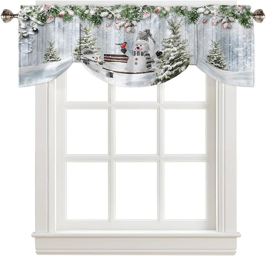 Merry Christmas Blackout Tie Up Valance Curtains for Kitchen Windows Xmas Snowman Snowy Pine Tree Window Toppers Balloon Shades for Living Room/Bathroom/Bedroom,1 Panel, 42" X 18", Blue Winter