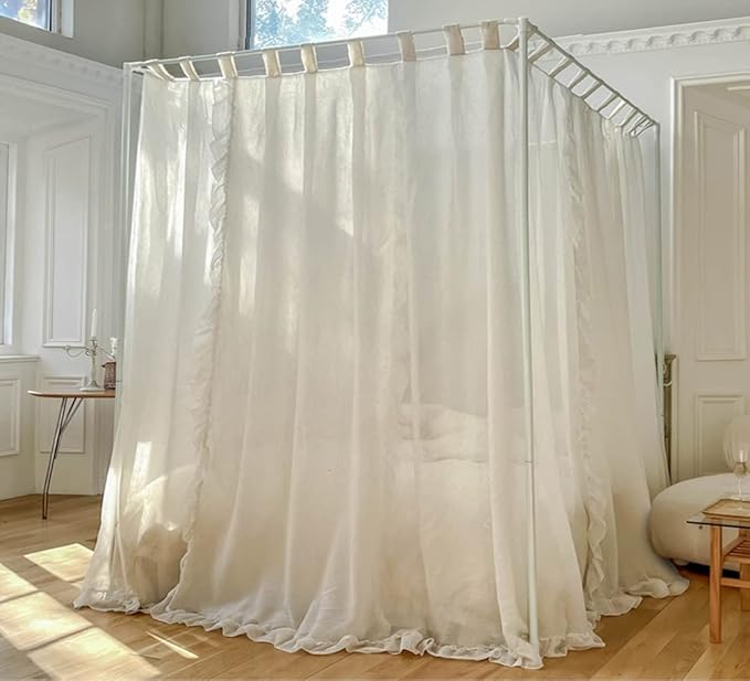 Mengersi Linen Canopy Bed Curtains,Bed Canopy Curtains Bed Drapes Sheer Curtains for Bedroom Decor (Ivory, Full)