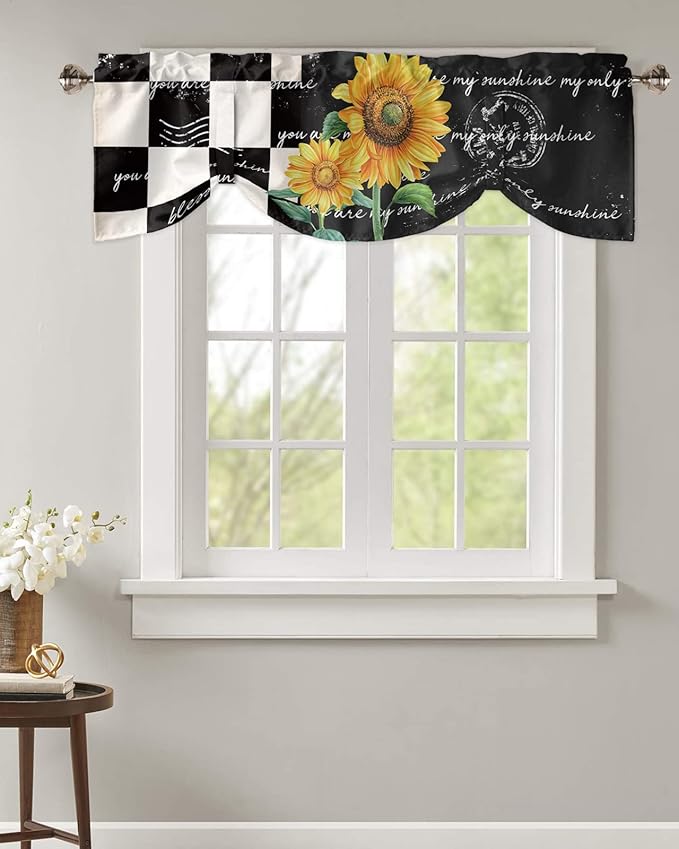 Buffalo Plaid Blackout Tie Up Valance Curtains for Kitchen Windows Farmhouse Sunflower Window Toppers Balloon Shades for Living Room/Bathroom/Bedroom,1 Panel,42" X 12" Autumal Wild Flower
