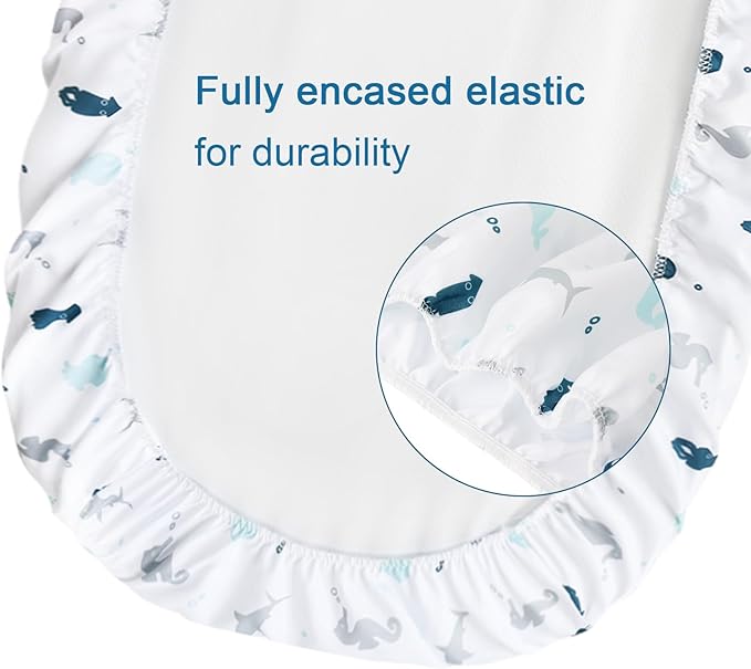 Bassinet Fitted Sheets 4 Pack Compatible with SNOO Smart Sleeper and UPPAbaby Bassinet, Ultra Soft and Skin-Friendly, Aqua Dinosaurs & White Ocean