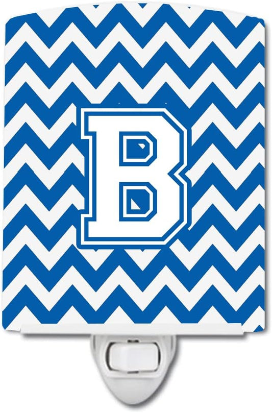 Caroline's Treasures CJ1045-BCNL Letter B Chevron Blue and White Ceramic Night Light Compact, UL-Certified, Ideal for Bedroom, Bathroom, Nursery, Hallway, Kitchen, 6x4x3, Multicolor