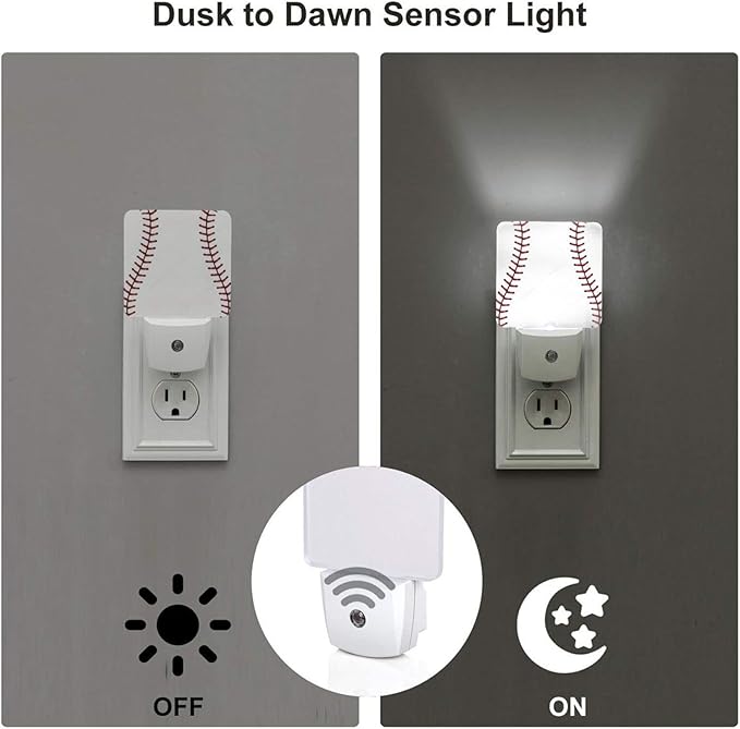 Funny Baseball Lace Plug in Night Light Plug into Wall LED Nightlight Auto Sensor Dusk to Dawn lamp for Kids Room Bedroom Bathroom Nursery Kitchen Hallway Stairs Home Decorative