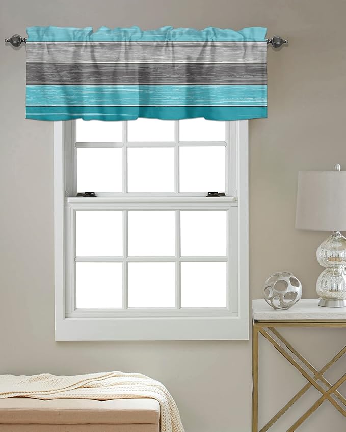 Farmhouse Kitchen Curtains Valances for Windows , Aqua Blue Gray Rod Pocket Country Window Treatment for Kitchen /Living Room/Bedroom/ Bathroom,42" X 18" -1 Panel, Retro Rustic Barn Wood Texture