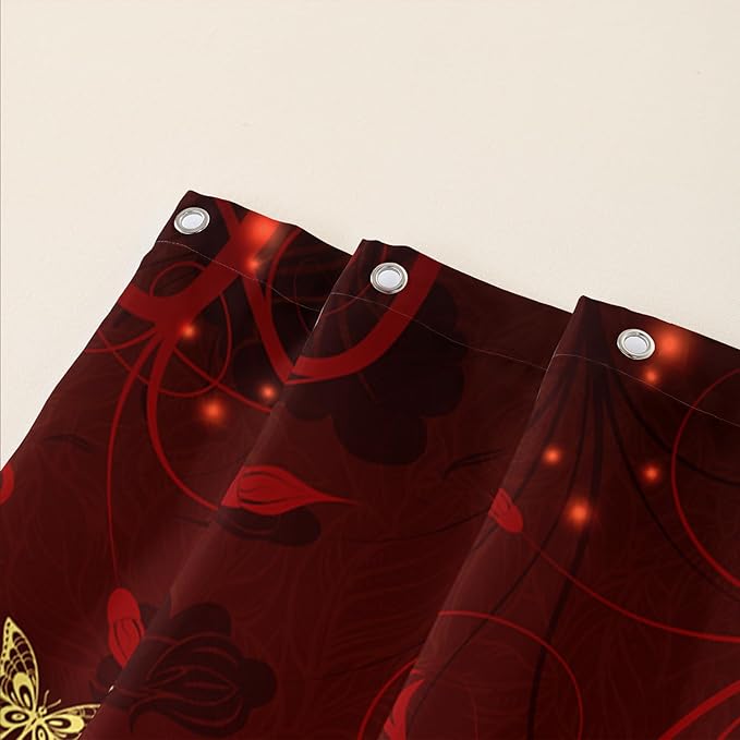 AILONEN Rose Butterfly Waterproof Curtain,Red and Gold Butterfly Floral Bath Curtain,Modern Chic Flower Polyester Fabric Red Curtain with 12 Plastic Hooks, 36" W x 72" H