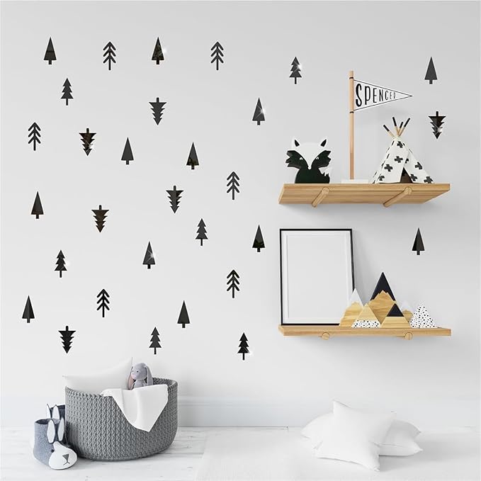 Pine Tree Wall Stickers 3D Acrylic Mirror Wall Stickers Decor Black Small Tree Wall Decals Peel and Stick Pine Tree Art Decals Acrylic Wall Stickers for Nursery Kids Bedroom Decor