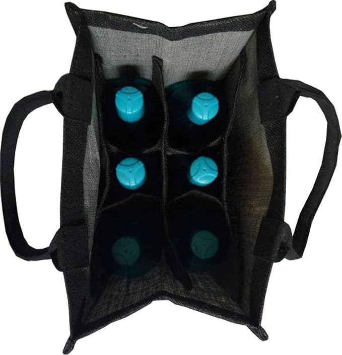 KVR natural Black Jute burlap wine beer water 6 bottle cum CAN carrier bag with option to use as Grocery & lunch bag Eco Environment Friendly versatile flexible (6 bottle bag, black)