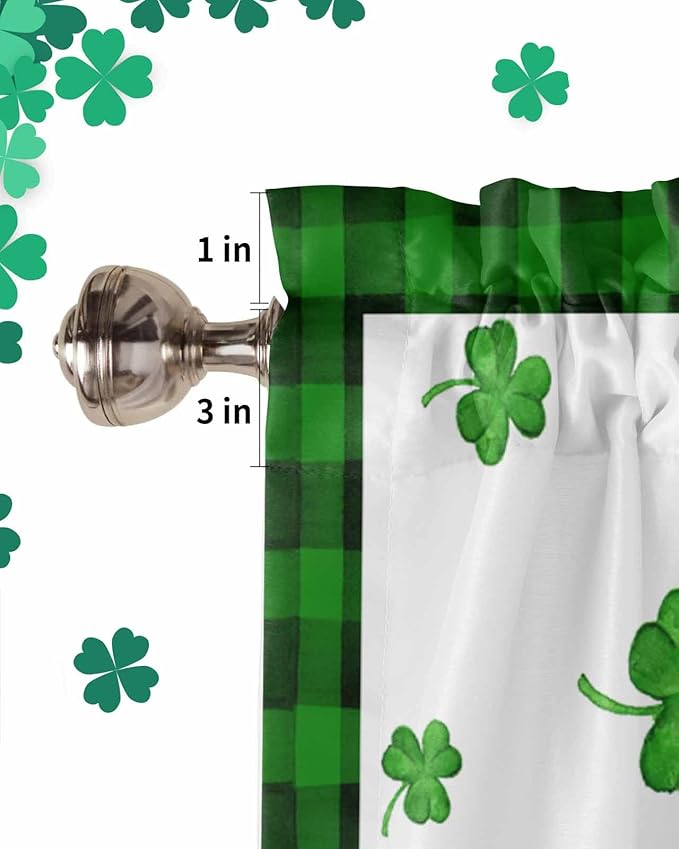 Gnome St. Patrick's Day Kitchen Curtains Valances for Windows Buffalo Plaid Shamrock Rod Pocket Window Treatment for Kitchen /Living Room/Bedroom/ Bathroom, 42" X 12", Seasonal Spring Holiday
