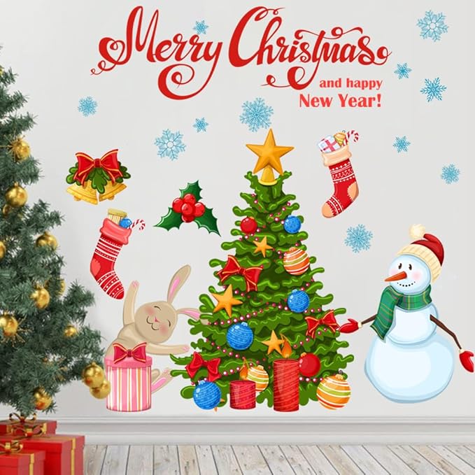 Christmas Tree Snowman DIY Wall Stickers Merry Christmas Wall Decal Removable for Wall Living Room Bedroom Decoration
