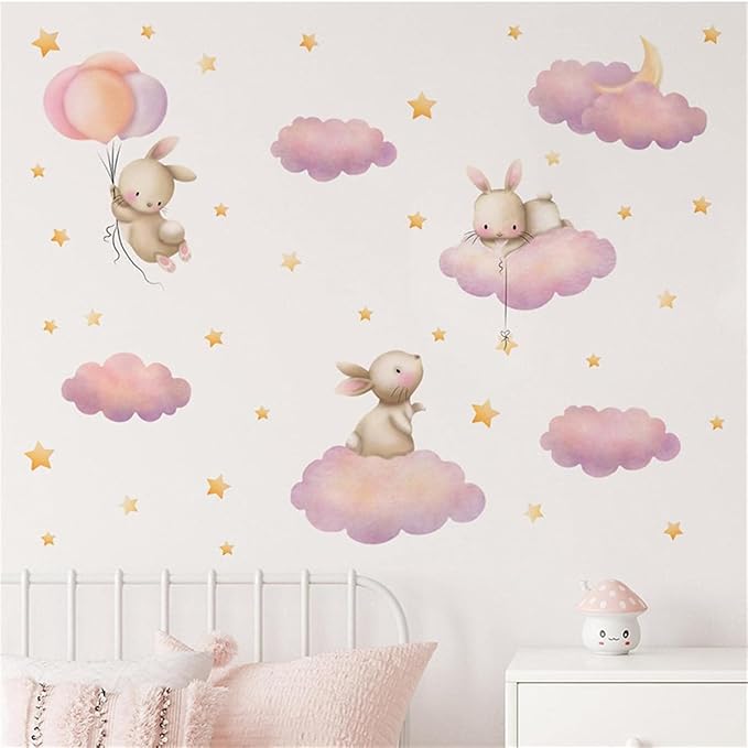 Rabbit Cloud Star Wall Stickers for Bedroom Girls Room Bunny Moon and Stars Nursery Decor Wall Decal