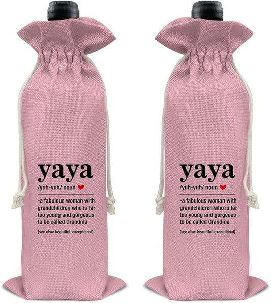 HOIJAUMAI Gifts for Grandma, Grandma Gift From Granddaughter Grandson, Funny Yaya Definition Wine Bag Grandma Wine Gift Bags for Yaya Nana Gigi Mimi Grandmother (Pink)