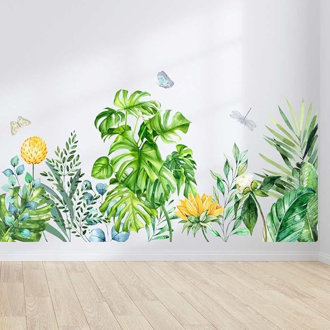 Boho Tropical Plants Wall Decals Peel and Stick Removable Art Wall Murals Natural Jungle Palm Leaf Green Wall Stickers Posters for Bedroom Bathroom Living Room TV Kitchen