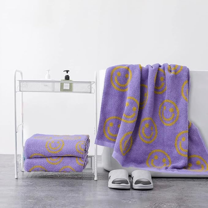 Luxury Purple Yellow Cute Smiling Face Bath Towel Sets for Bathroom, 1 Bath Towels 2 Hand Towels Washcloths, 100% Cotton Ultra Soft Highly Absorbent for Women Kids Girl Boy Face Body