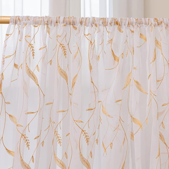 Windows Sheer Curtains Embroider Yellow Leaf 95 Inches Length 2 Panels Voile Light Filtering Sheer Curtains Panel Basic Rod Pocket for Bedroom Living Room Children Room