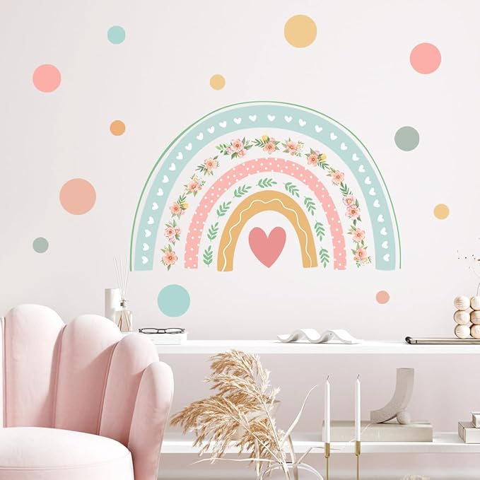 Large Boho Rainbow Wall Decals Boho Polka Dot Flower Rainbow Wall Stickers Peel and Stick Nursery Wallpaper Vinyl Decals for Home Farmhouse Girls Bedroom Decoration