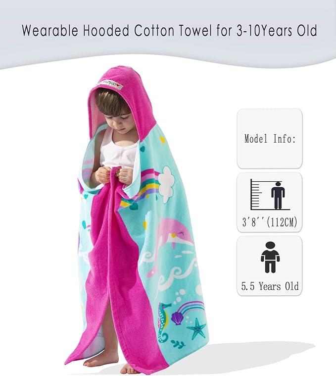 VOOVA & MOVAS Kids Hooded Beach Towels (3-10Years) | 100% Cotton | Large Soft Thick Absorbent Wrap Blanket | Ideal for Beach, Pool, Bath | Pink Whale