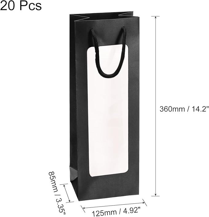 uxcell Wine Bags, 20pcs 4.92"x3.35"x14.2" Wine Gift Bags with Rope Handles, Paper Wine Tote Bag with Clear Window for Wedding Birthday Christmas Party Supplies, Black