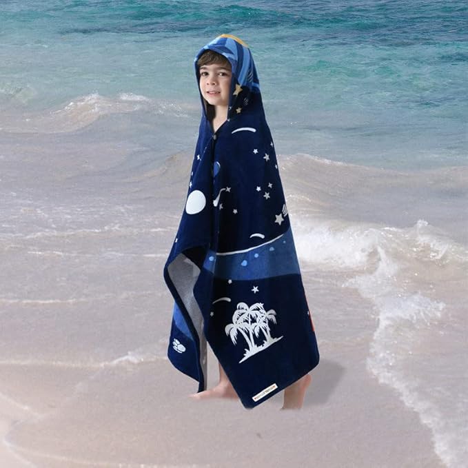 VOOVA & MOVAS Toddler Bath Towel with Hood for Kids Age 3-10, Soft | Thick | Absorbent Cotton Wrap Blanket, Beach, Pool, Swim | Bath Use, Dinosaur Under The UFO