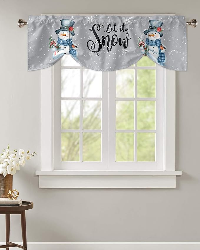 Snowman Christmas Blackout Tie Up Valance Curtains for Kitchen Windows Let It Snow Winter Holiday Window Toppers Balloon Shades for Living Room/Bathroom/Bedroom,1 Panel, 42" X 18", Grey White