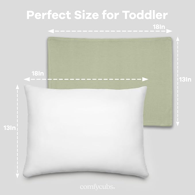 Comfy Cubs Toddler Pillow with Soft Cotton Pillowcase, 13"x18", Sage - Kids Pillow for Sleeping & Travel - Adorable & Comfortable Small Pillow - Kids Travel Pillow with Breathable Microfiber Fill