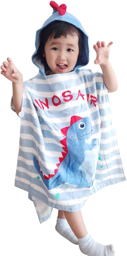 TONWHAR Kids Bath/Pool/Beach Hooded Poncho Towel-Cartoon Animal Pattern Cotton Beach Towel for Baby and Kids (Dinosaur, 1-4 Years/Height:33.4"-43.3")