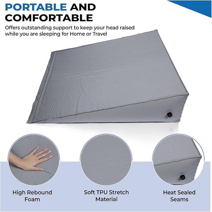 Self-Inflating Bed Wedge Pillow | Lightweight for Travel | Wedge Pillow for Sleeping and Acid Reflux, Heartburn, and GERD Pillow (TWDPRO2, 22 Inch)