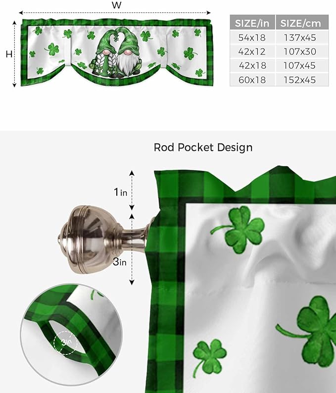 Gnome St. Patrick's Day Blackout Tie Up Valance Curtains for Kitchen Windows Buffalo Plaid Shamrock Window Toppers Balloon Shades for Living Room/Bathroom/Bedroom,1 Panel, 54" X 18", Spring Holiday