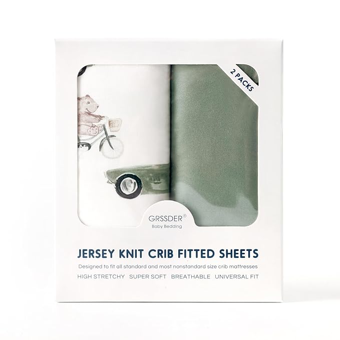 GRSSDER Stretchy Ultra Soft Jersey Knit Fitted Crib Sheets Set 2 Pack, Universal Fitted All Standard Crib Mattress Pads Safe and Snug, Crib Fitted Sheet for Baby, Neutral Pattern of Cartoon Cars Print