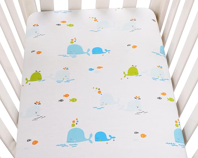 Bassinet Sheets Fit for Graco Travel Lite, Fodoss, Cloud Baby, RICUTON, Yacul and Simmons Kids Bassinet(not for Twins), 2 Pack, 100% Jersey Knit Cotton 190GSM, Ultra Soft Breathable, Dolphin & Whale
