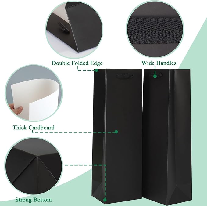 KEYYOOMY Wine Gift Bags - 10 Pack Black Kraft Paper Wine Bottle Gift Bags with Handles for Wedding Birthday Housewarming Christmas Party Supplies(10CT,13.8x4.3x3.5 IN,Black)