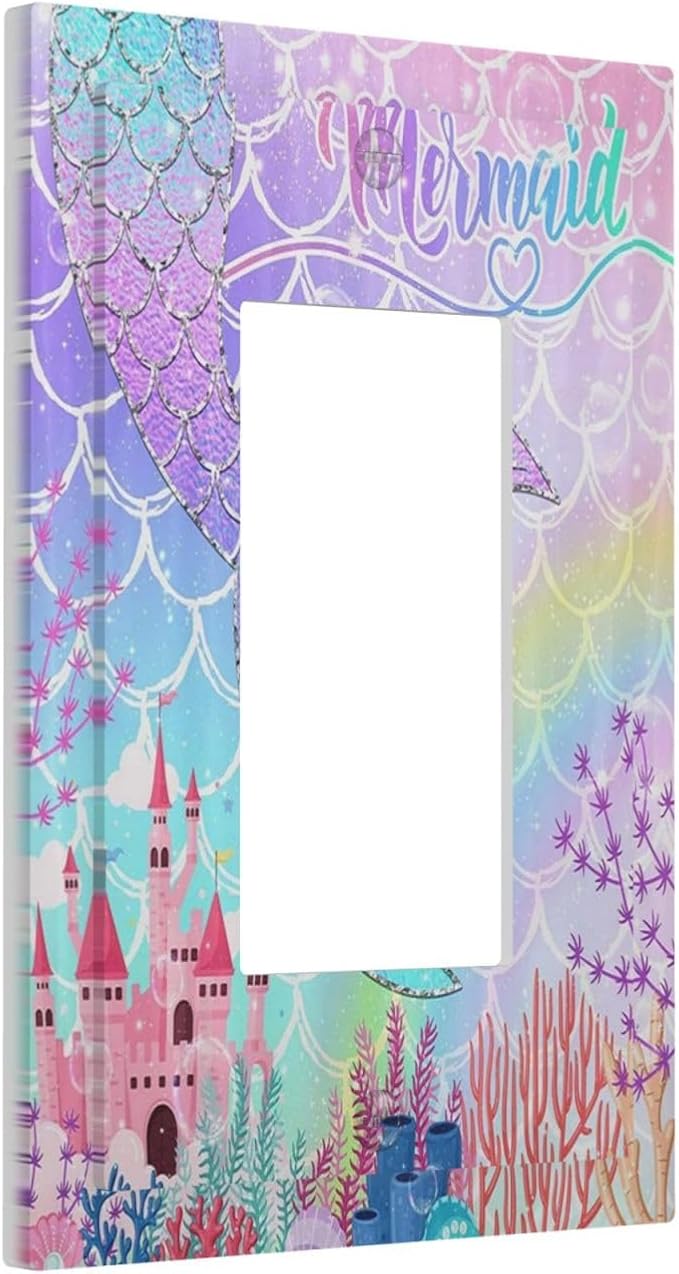 Silvery Glitter Cute Mermaid Tail Fantasy Castle 1 Gang Rocker Light Switch Covers Single Decora Outlet Wall Plate Decorative Switchplate Faceplate GFCI for Kidroom Nursery Bedroom Kitchen Decor
