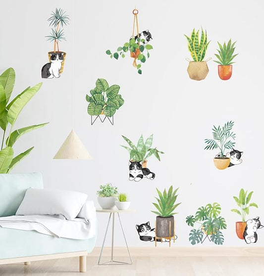 Green Potted Plants Cats Window Clings Wall Decals Peel and Stick Plants Wall Decal Stickers for Bedroom Living Room Wall Stickers Nursery Office Apartment Jungle Party Decor 480, CY480A