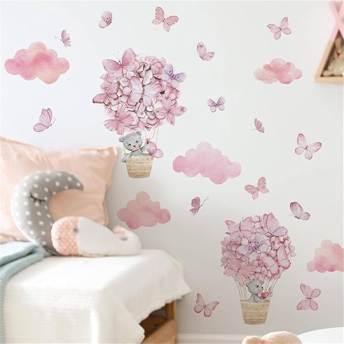 Bear Flower Butterfly Pink Clouds Wall Stickers for Girls Room Hot Air Balloon Baby Nursery Decor Wall Decal