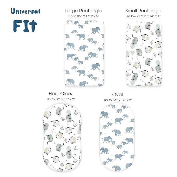 GRSSDER Stretchy Ultra Soft Fitted Bassinet Sheet Set 2 Pack, Universal Fitted for Bassinets Baby Cradle Moses Basket Oval Rectangle Mattress Safe and Snug, Cute Elephant Print
