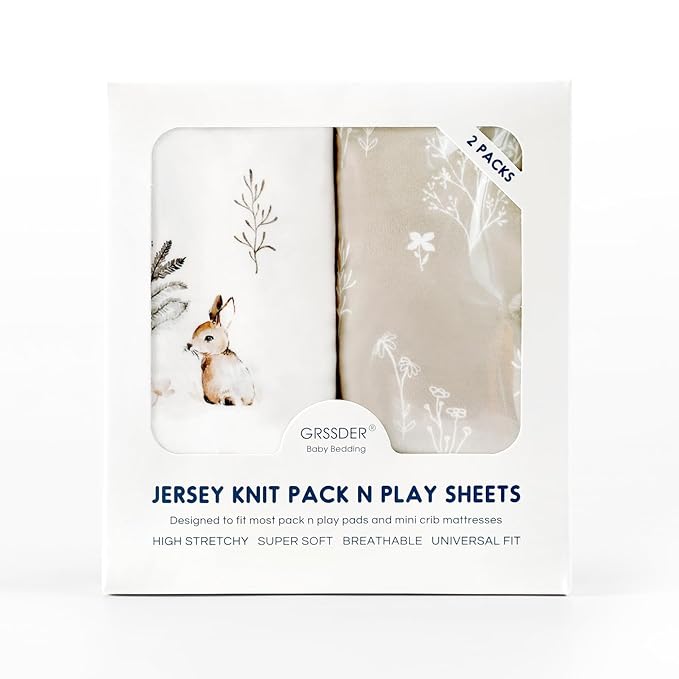 GRSSDER Stretch Ultra Soft Jersey Knit Fitted Pack n Play Sheets Set 2 Pack, Portable/Mini Crib Sheets for Boys and Girls, Stylish Watercolor Rabbit Pattern