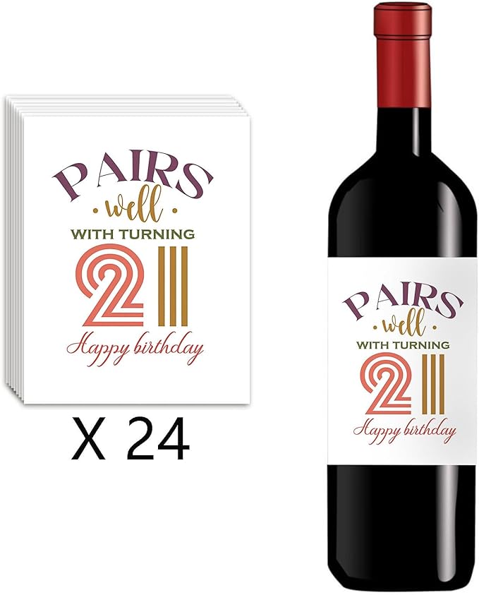 24Pcs 21st Birthday Gifts for Her Him Wine Labels, Happy 21st Birthday Party Decorations for Her Him Wine Bottle Labels, 21 Year Old Birthday Gifts for Her Women Men Wine Bottle Stickers