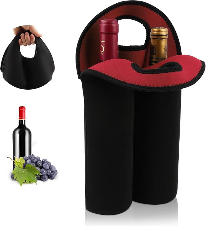 Desing Wish 2-Bottle Set Wine Carrier Tote Bag for 750ml Red/White Wine Bottles, Insulated Neoprene Wine Cooler Bag Wine Gift Bags for Gift/Picnic/Party/Beach/Christmas - Red