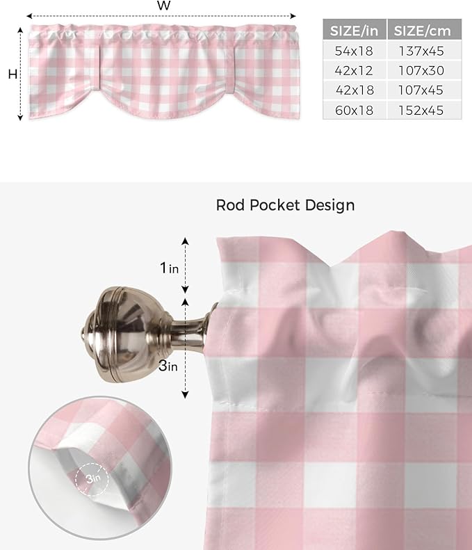 Christmas Blackout Tie Up Valance Curtains for Kitchen Windows Rustic Pink White Buffalo Check Plaid Pattern Window Toppers Balloon Shades for Living Room/Bathroom/Bedroom,1 Panel, 60" X 18",Farmhouse