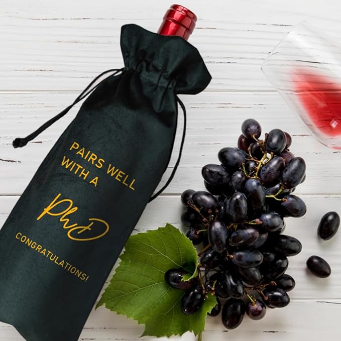 Graduation Gift Wine Bag, PHD Graduation Wine Bag, Class of 2024 Graduation Gift, Graduation Party Favors, Gift for Her Him -Pairs Well With A PhD (PhD-Black)