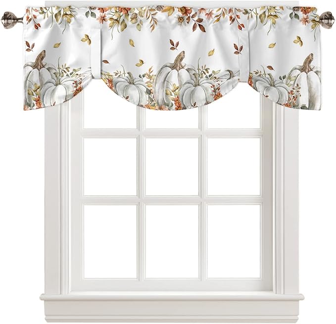 Fall Floral Leaves Blackout Tie Up Valance Curtains for Kitchen Windows Thanksgiving Pumpkins Window Toppers Balloon Shades for Living Room/Bathroom/Bedroom,1 Panel,54" X 18" Boho