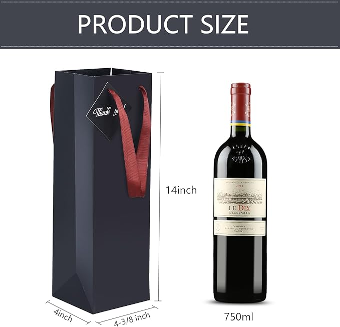 Wine Bags, 12 Packs, Strong Card Paper Wine Gift Bag with Ribbon Handles and Thank You Card, 4-3/8x 4 x 14 Fit 750ml Wine Bottle or Champagnes - Black 12